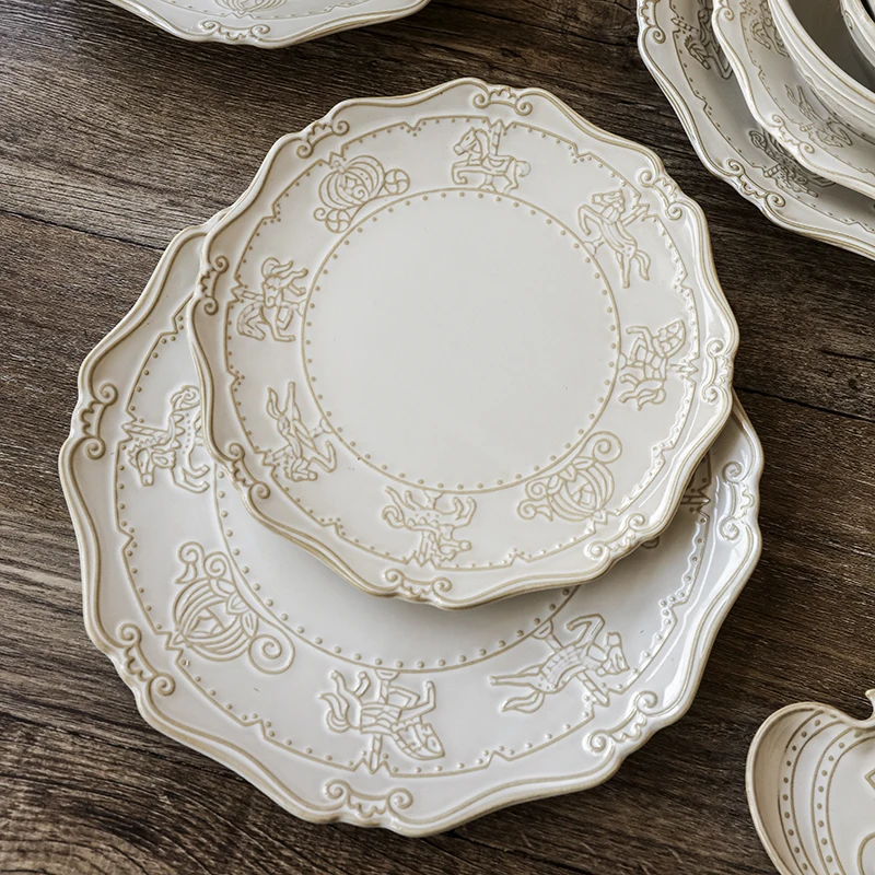 

European embossed dishes set, western dinner plates, household dessert plates, rice bowls, housewarming gifts, ceramic tableware