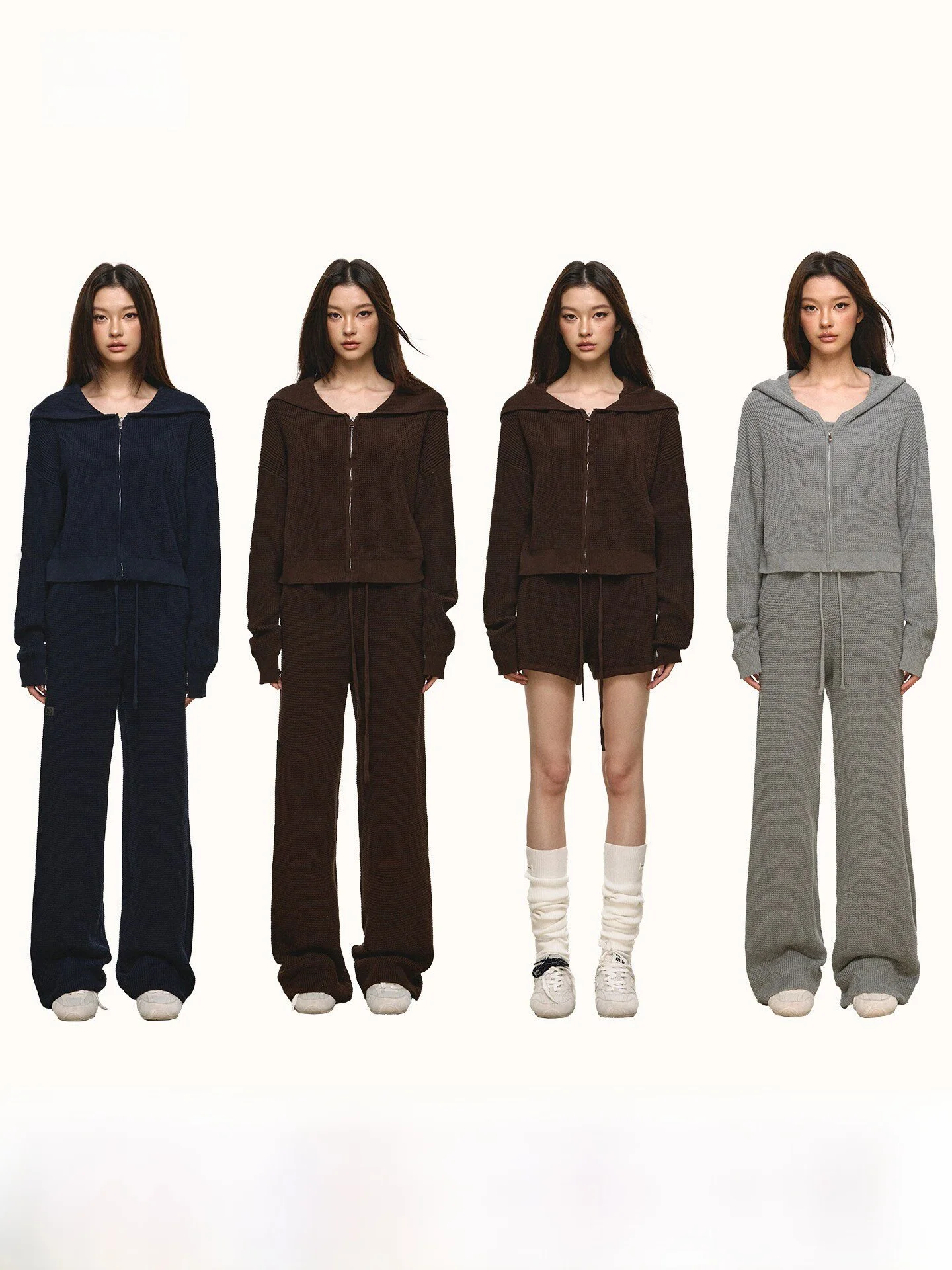 

Anna Aneae Casual Knitted Sportswear Set for Women Spring Season Hooded Open Cardigan Pants Tee-Piece Set Loose Fit Long Sl...