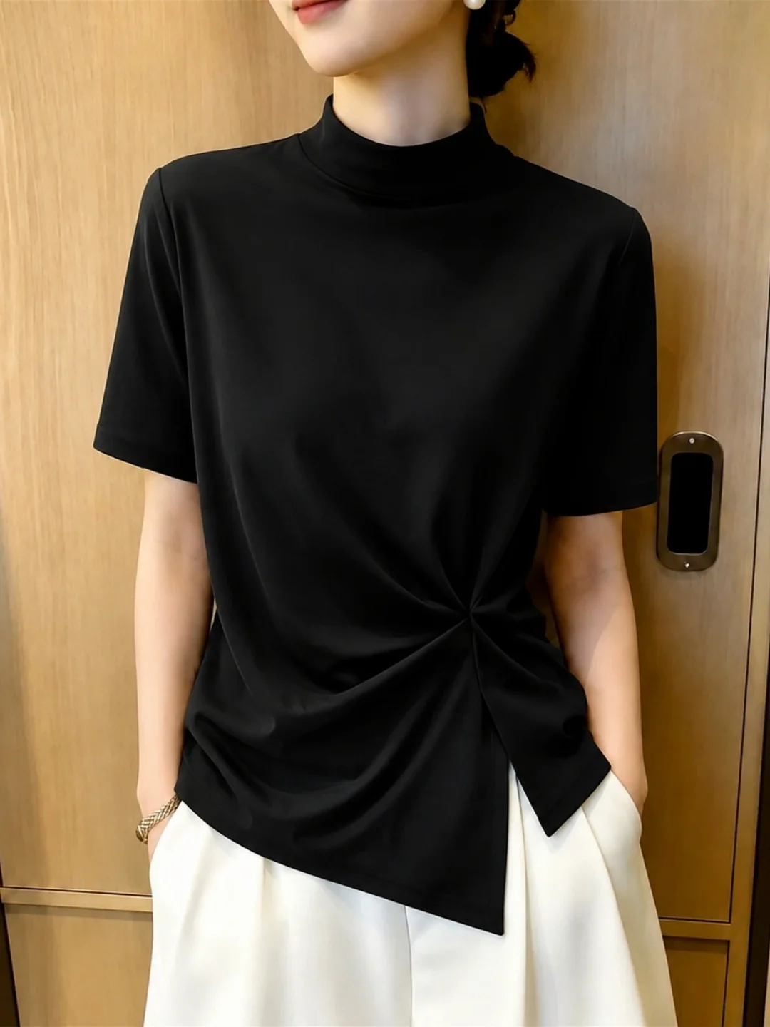 Fashionable Semi-High Collar Short Sleeve T-Shirt Commute Pure Color Summer New Arrival Women's Straight Cut Basic Top