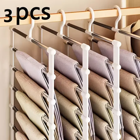3pack Foldable Multi‑Layer Pants Hanger, Space‑Saving Non‑Slip Trouser Rack, Wardrobe Storage Organizer for Jeans, Trousers, Shirts, Towels, Scarves, for Home, Dorm, Apartment & Retail Display