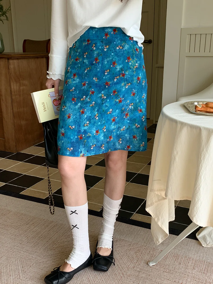 

2026 Women Summer Blue Bodycon Skirt Flower Print Women Fashion High Waist Mini Skirt Femme Faldas Jupe Saia