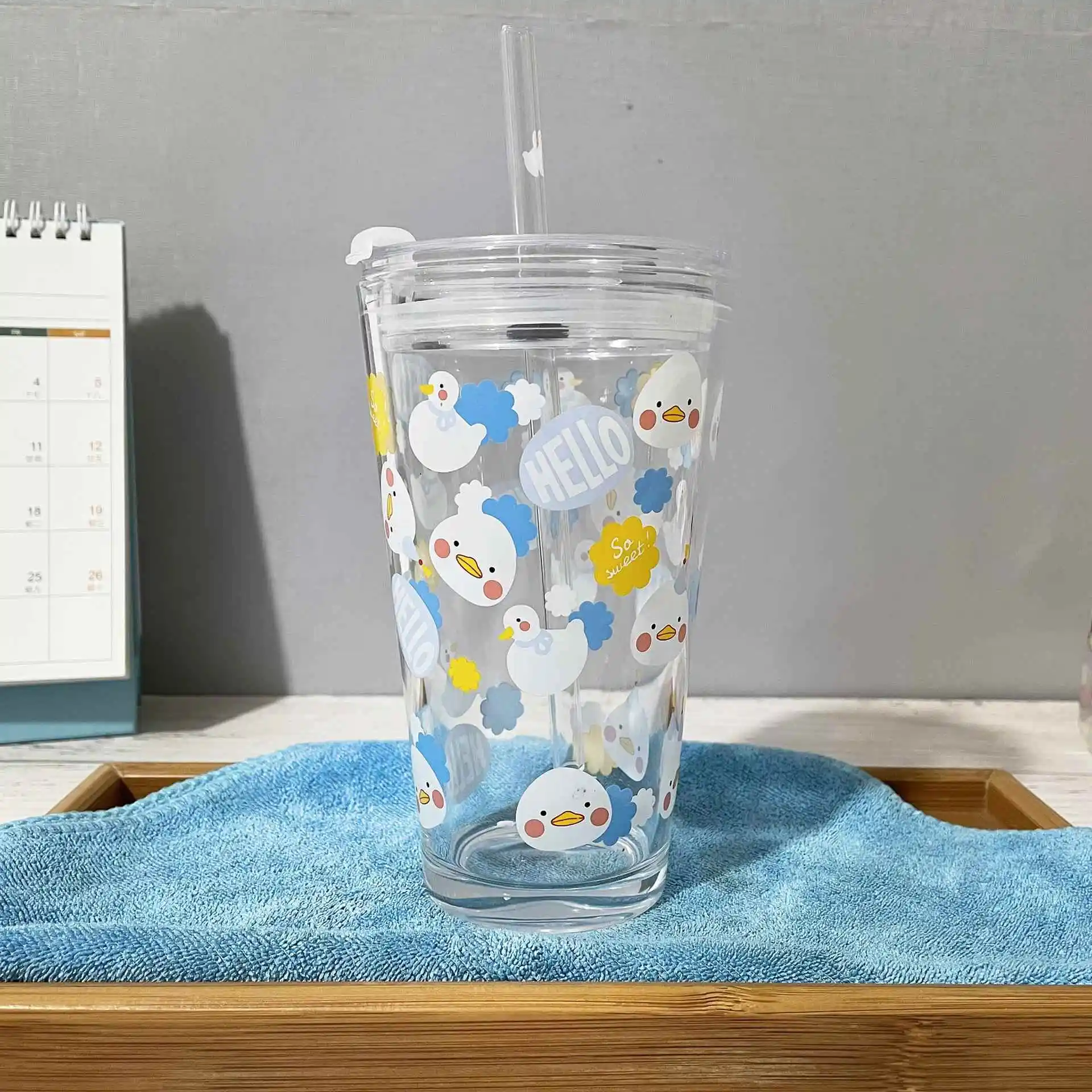 

Portable Glass Cup Duling Print Milk Juice Home Office Use with Lid And St Cartoon Crystal Glass High Temperature Resistant