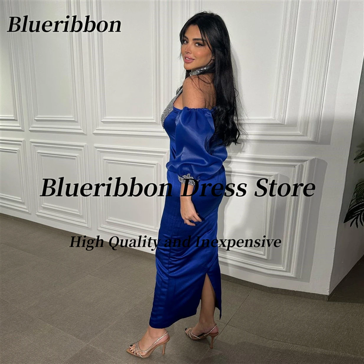 Blueribbon Royal Blue Ankle Length Prom Dresses Beading Halter Neck Robe Des Marrige Women Wear Birthday Party Evening Dress