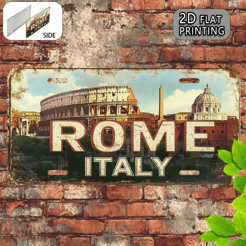 1PC 2D HD Tin Sign, Vintage Rome Italy Colosseum Metal Wall Art, Retro European Landmark Decor for Bar Man Cave Home Travel S