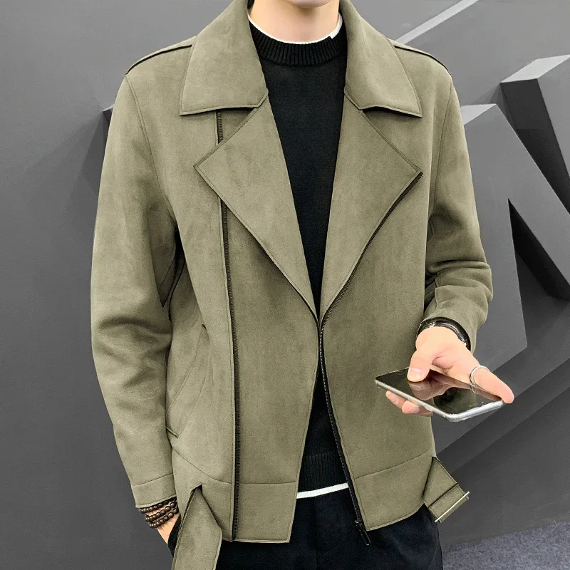 2023 Autumn Winter New Men's Fashion Business Self-cultivation Leather Fleece Tailored Woolen Coat Men Casual Solid Color Jacket