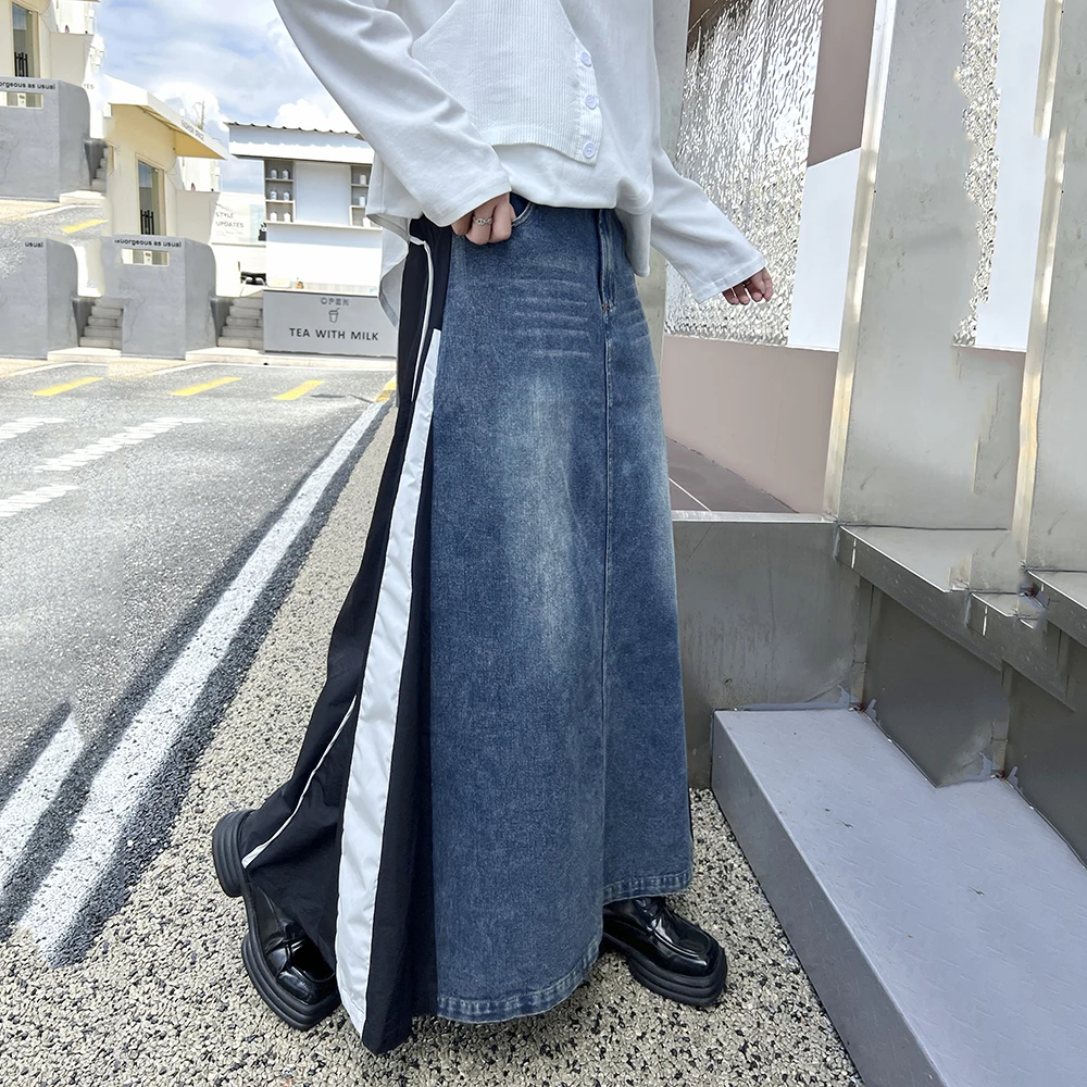 230827 Blue Denim Color-block Long A-line Half-body Skirt High Elastic Waist Women Fashion Tide New Spring Autumn 2024