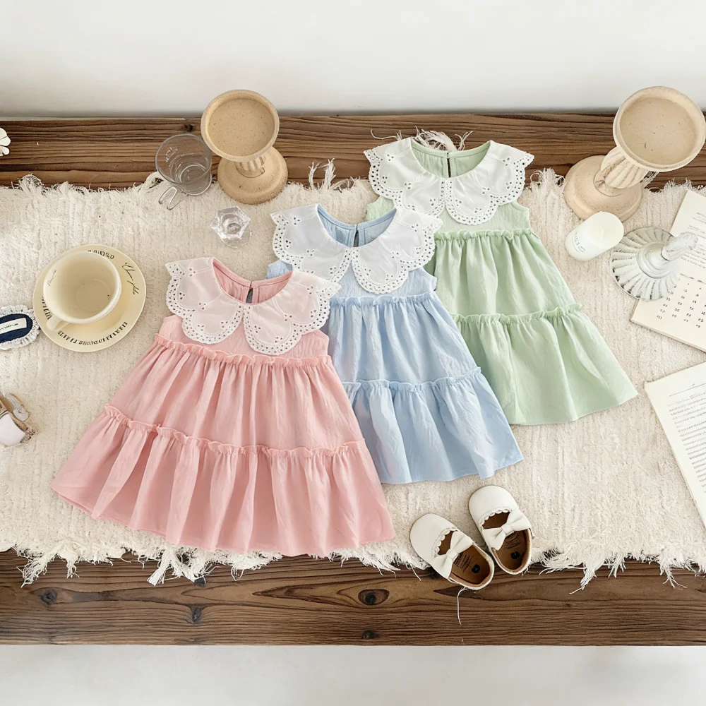 Baby Girl Dresses Summer Solid-Color Cotton Sleeveless Baby Girl Dress Cute Beach Girls Dress