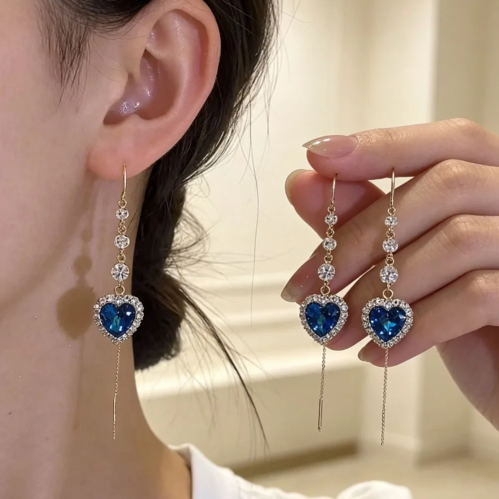 Blue Crystal Heart Shaped Pendant Ear Wire Elegant Temperament New Trend for Women Wedding Party Gifts Accessories