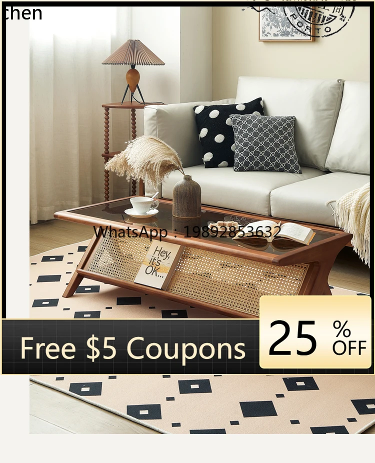 W1  coffee table solid wood rattan living room household dining table dual-purpose glass small apartment