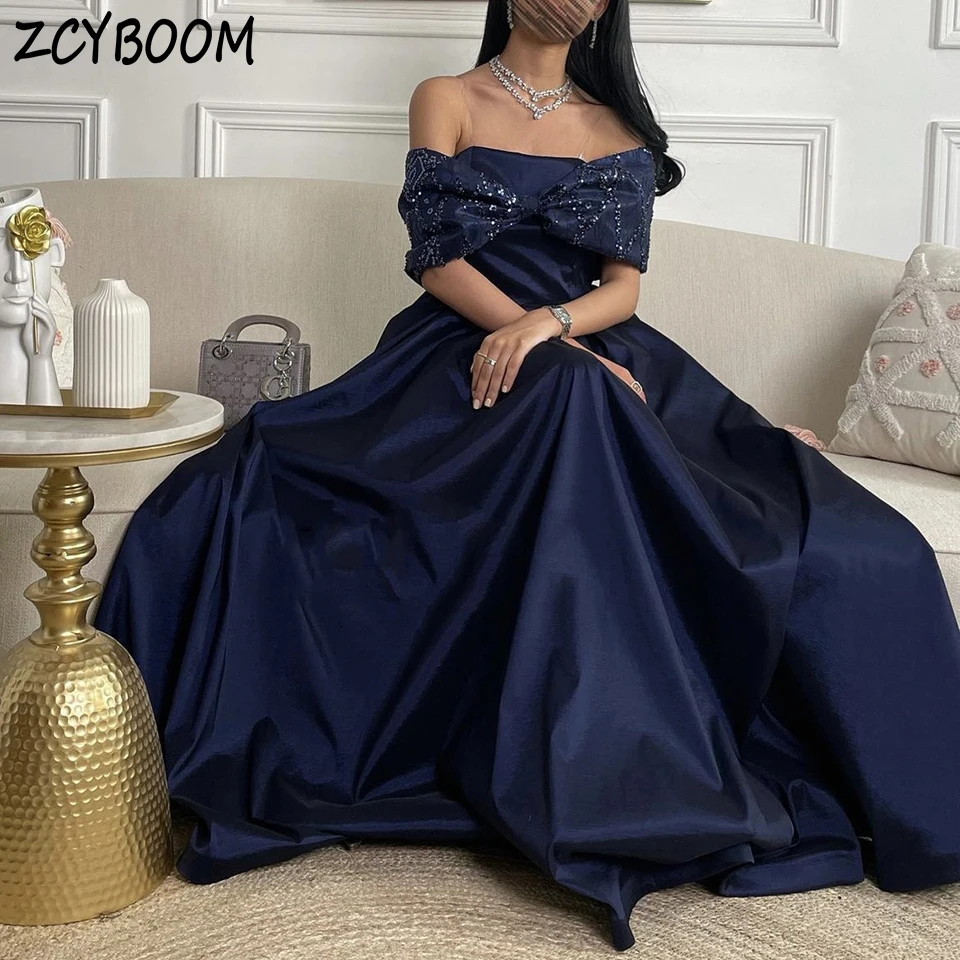 Elegant Navy Blue Strapless Open Back Sequin Off The Shoulder Evening Dress 2024 A-Line Floor Length Sweep Train Bow Prom Dress