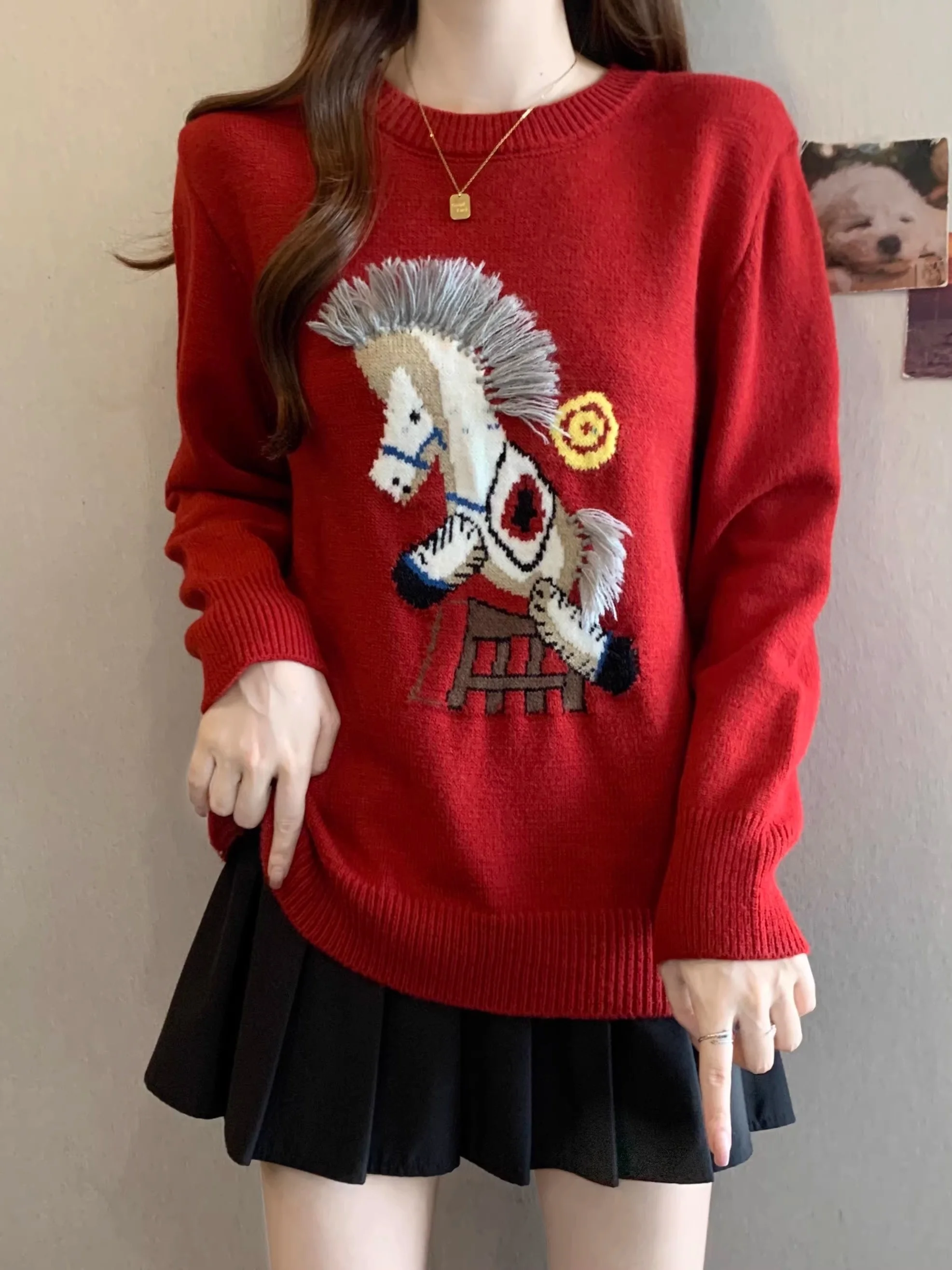 

Red Embroidered Long Sve Knitted Sweater Women's Loose Fit Winter Faion plus Size Soft Comfortable Ele Top