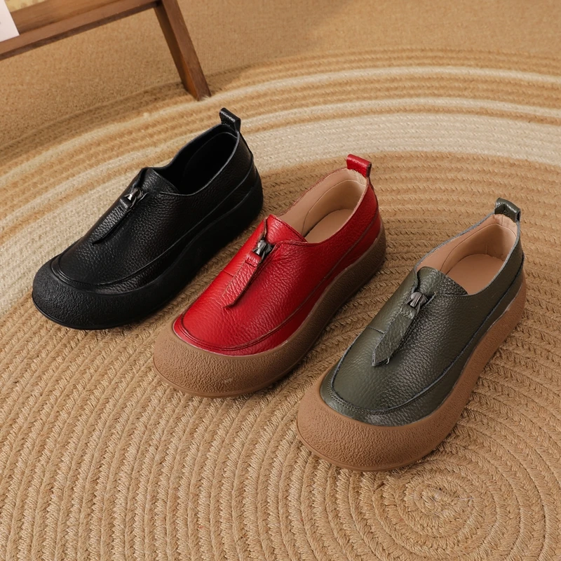 DIMANYU Women's Flats Shoes Genuine Leather Front Zipper Non-Slip Casual Mom Shoes Comfortable Female Loafers For Autumn