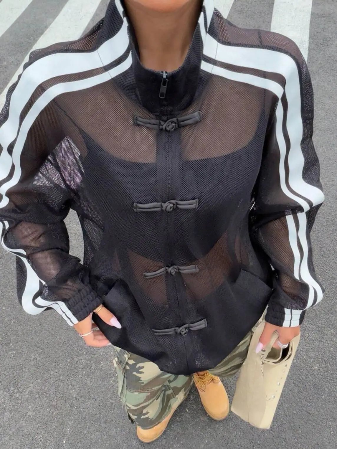 Trendy Women Black Sheer Mesh Zip Jacket Mandarin Frog Buttons Double White Stripe Long Sleeve Loose Casual Sun Protection Coat