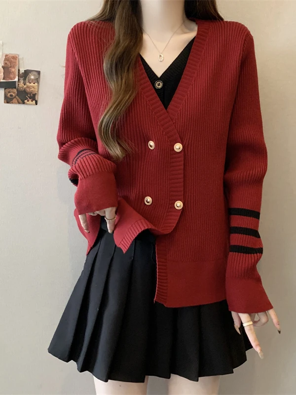 

Красный вязаный свитер в стиле College с V-образным вырезом, свободного кроя, больших размеров, женский, осенне-зимний, модный, стройнящий топ с цветовыми блоками