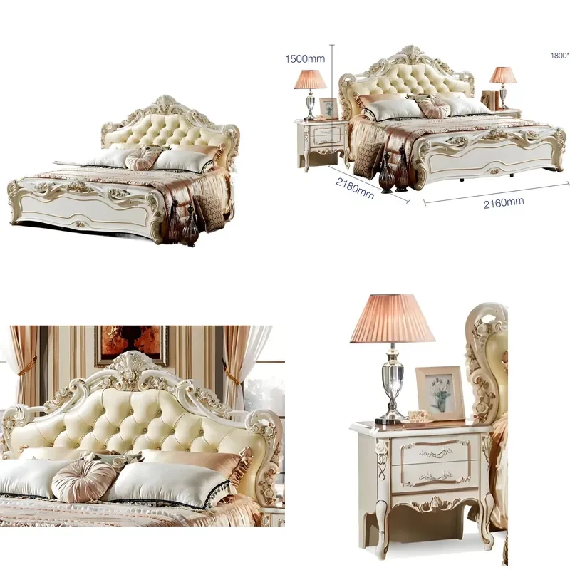 Deluxe Modern Royal Bedroom Set Hand Carved Mahogany Retractable Storage Beds Upholstered Queen Beds 2 Bedside Tables