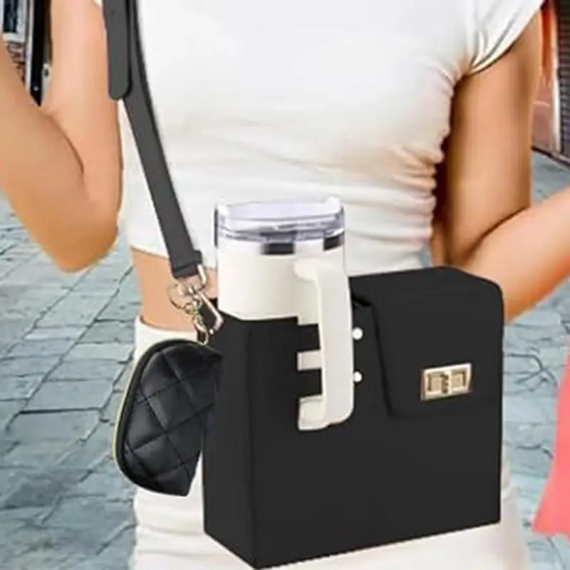 Water Bottle Carrier Bag ForStanley Cup Sleeve Handbag PU leather Outdoor Portable Pouch with Adjustable Shoulder Strap