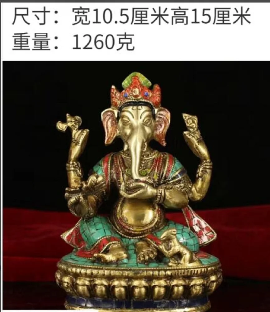 China Bronze Inlay Turquoise Ganapati Ganesh Lord Ganesha Elephant Buddha Statue