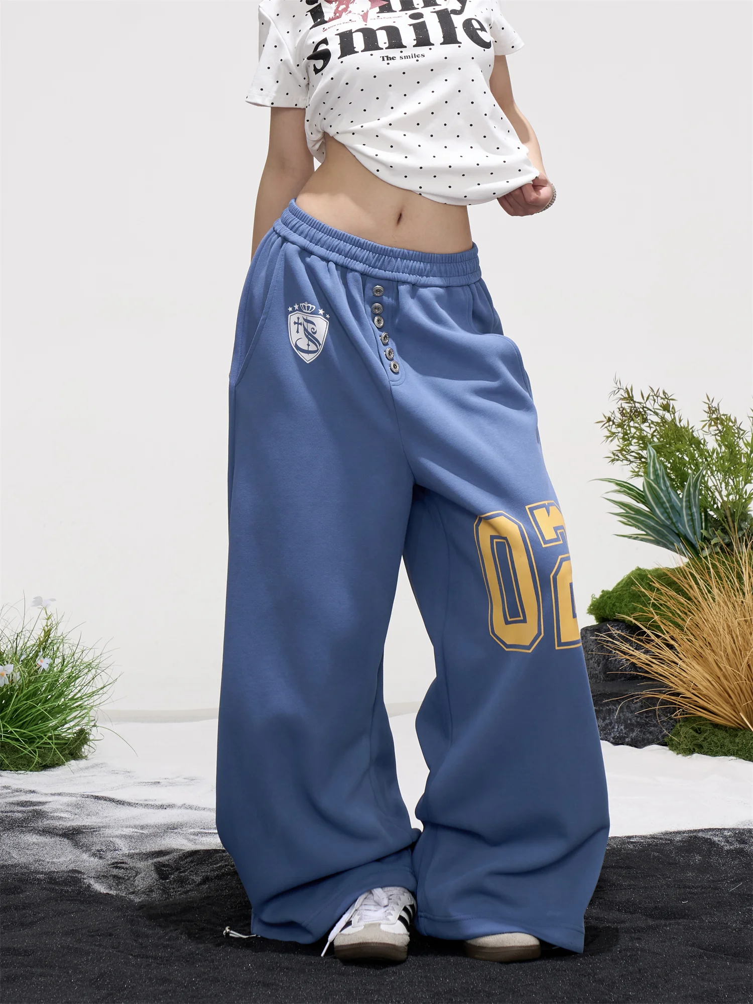 

American Style Loose Wide Leg Casual Pants Women's Blue Printed Letter Sports Sweatpants Slimming Loose Fit Trousers