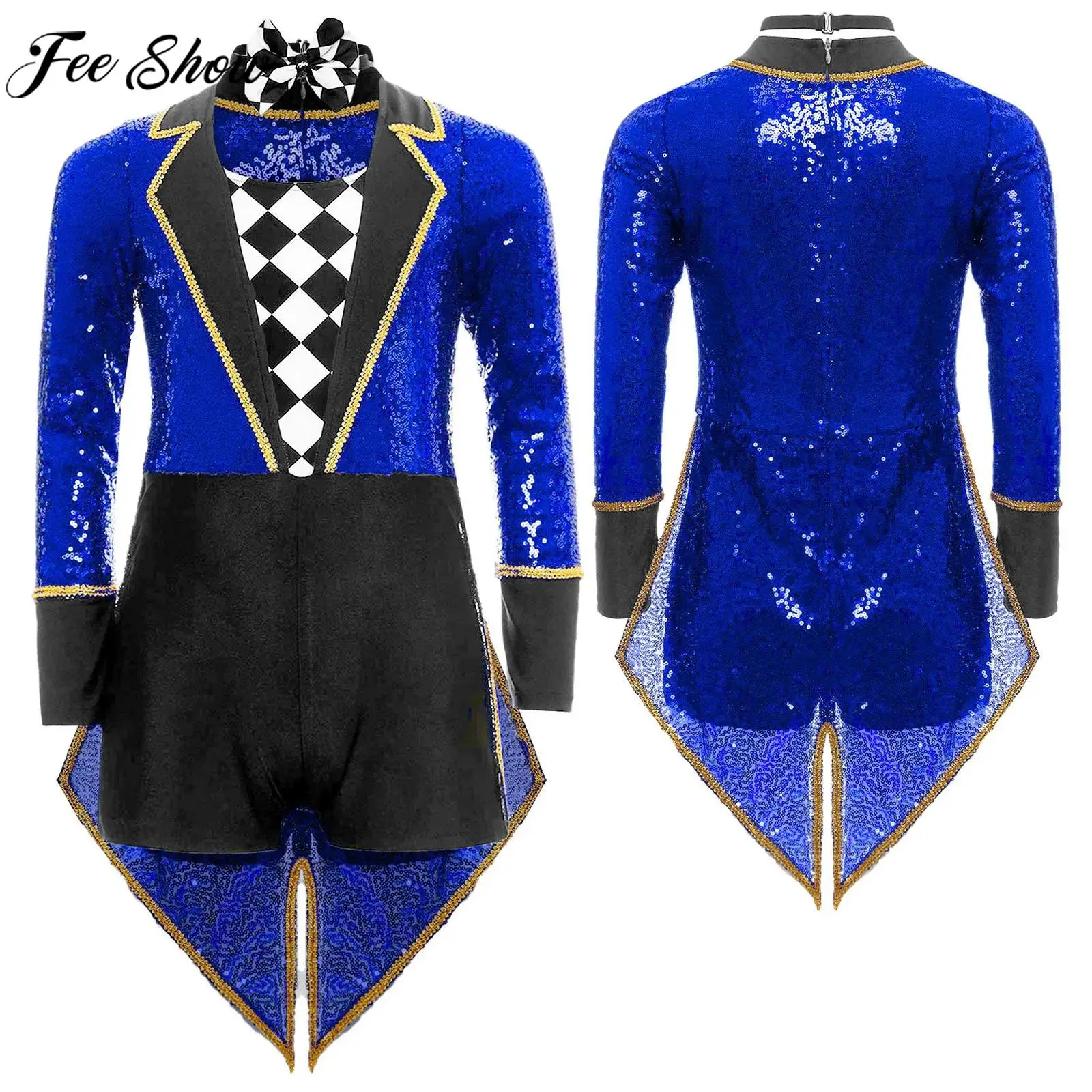 Kids Boys Girls Halloween Carnival Circus Ringmaster Magician Dress Up Costume Long Sleeve Sequin Bodysuit Tailcoat with Bow Tie