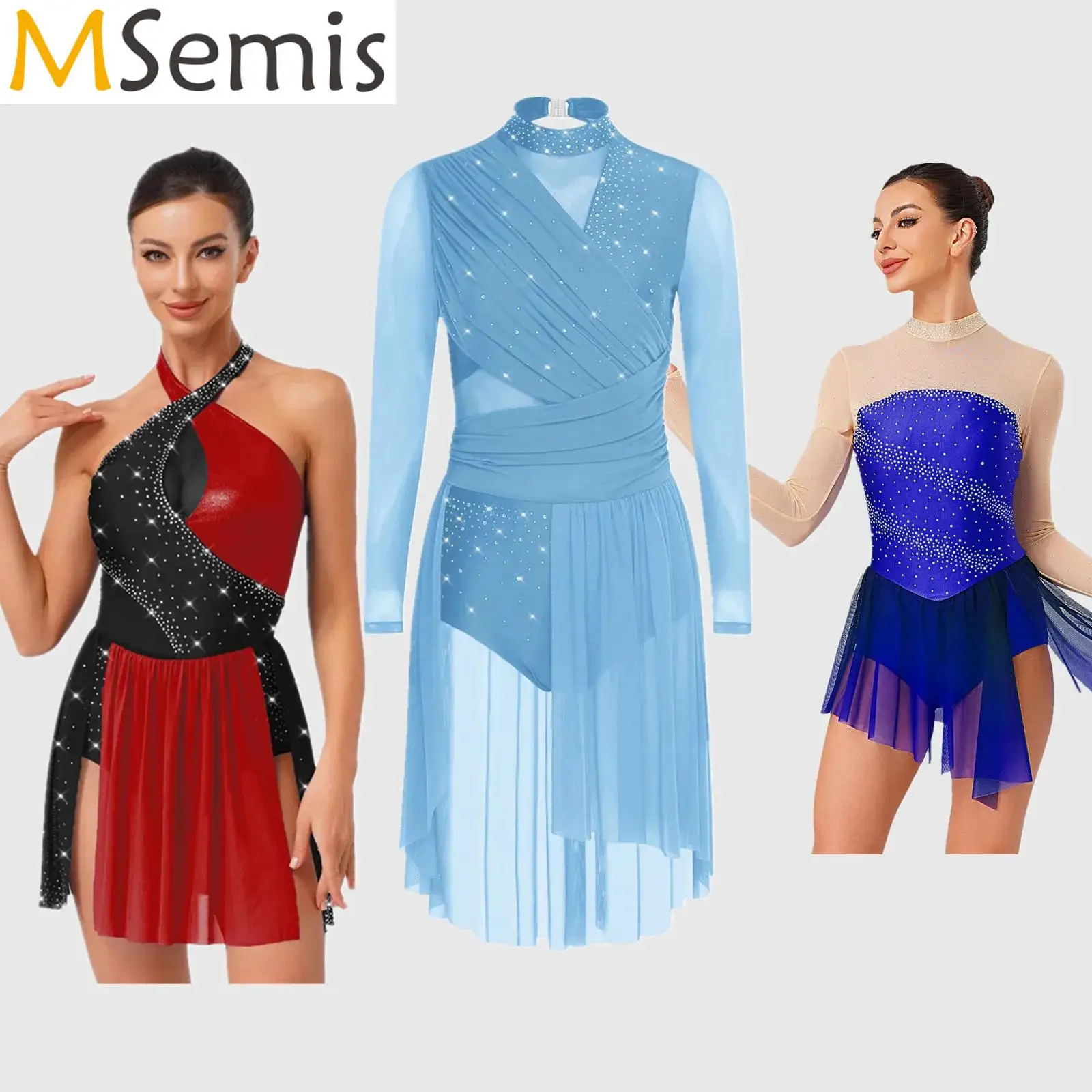 

Women Gymnastics Artistic Figure Skating Dance Performance Costume Shiny Rhinestones Ballet Lyrical Dance Leotard Bodysuit Dress