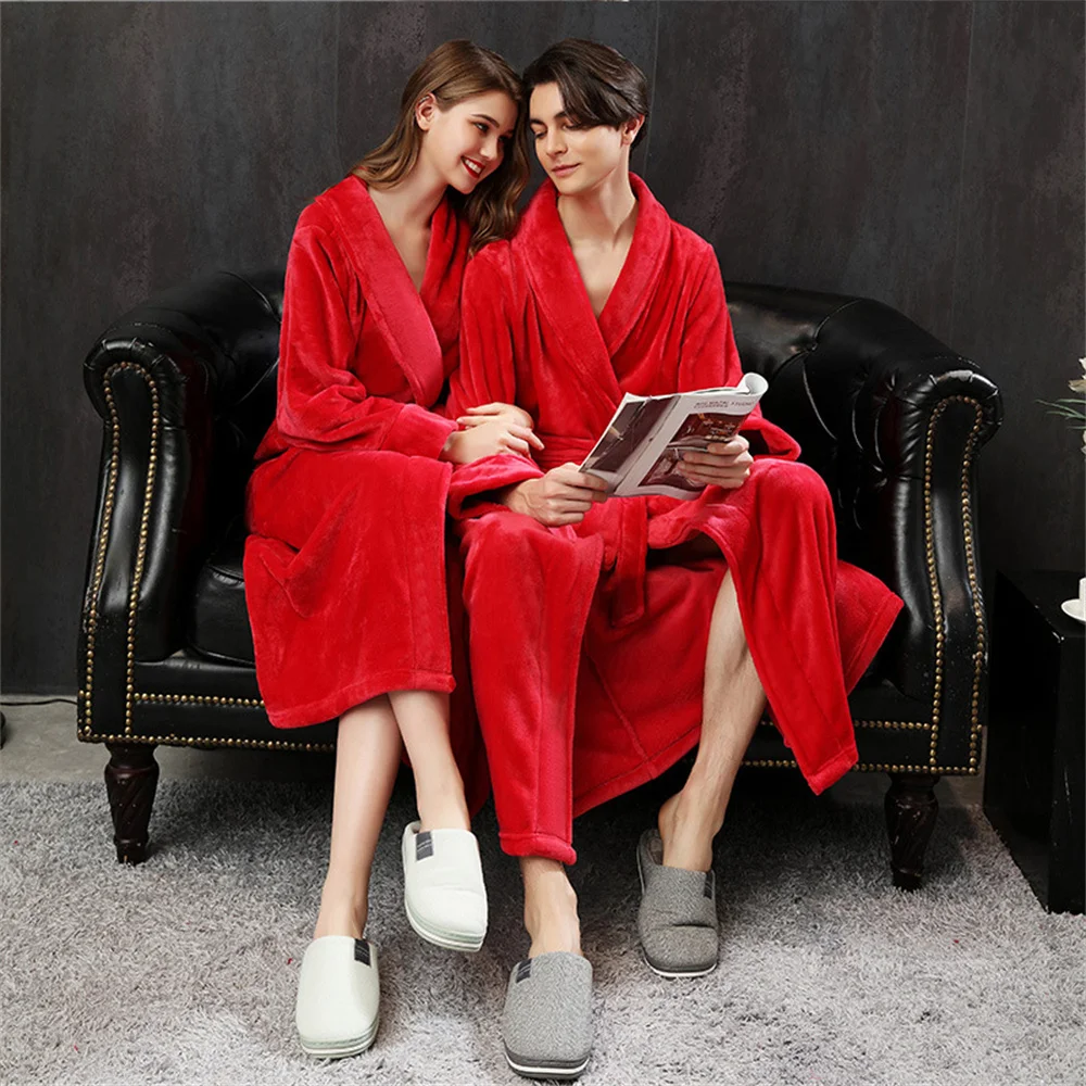 

Red Winter Thickened Coral Fleece Men Women Wedding Sleepwear Robe Warm Flannel Nightwear Sexy Couple Bathrobe Loose Loungewear