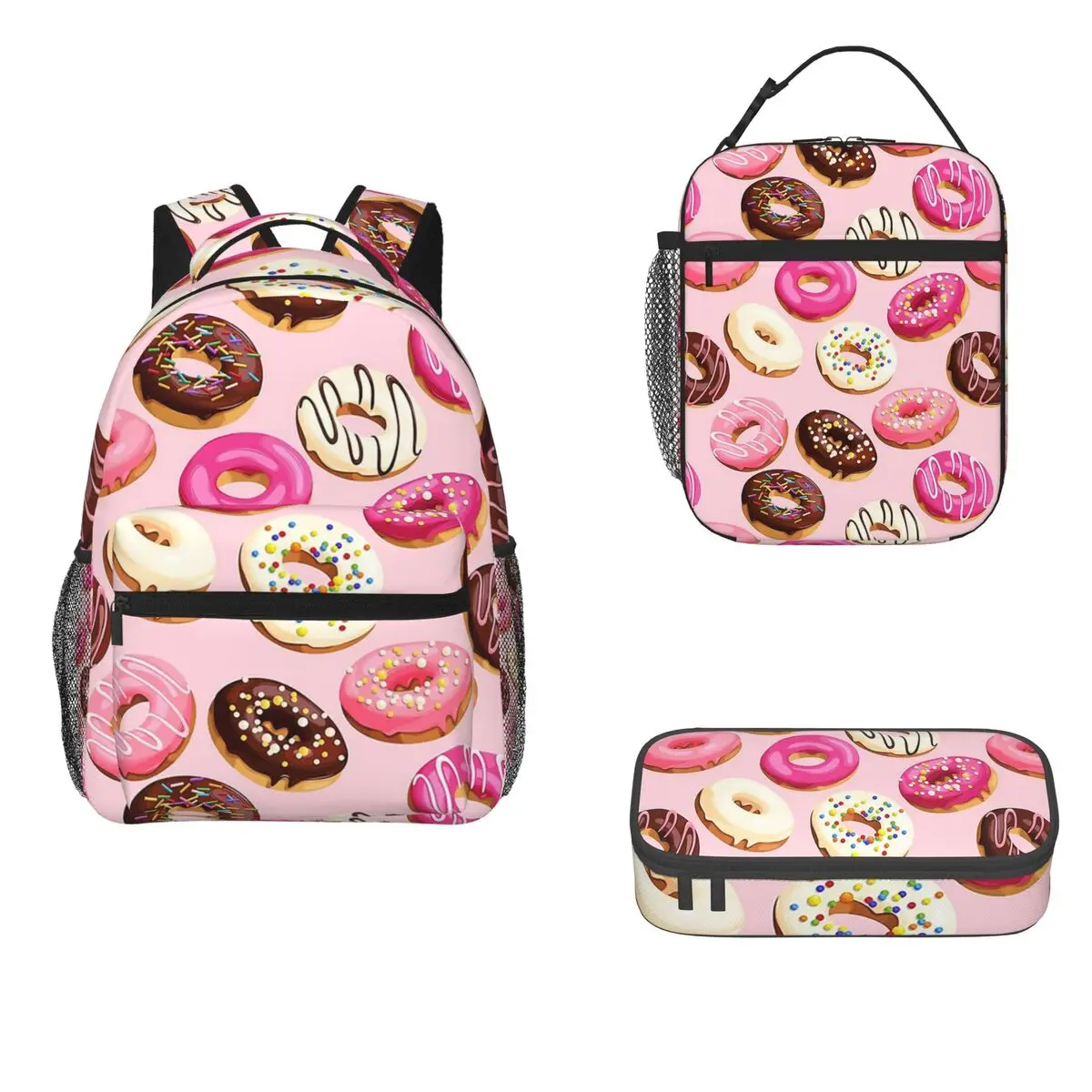 Pink Delicious Retro Donuts Backpacks Boys Girls Bookbag Children School Bags Rucksack Lunch Bag Pen Bag Three-Piece Set