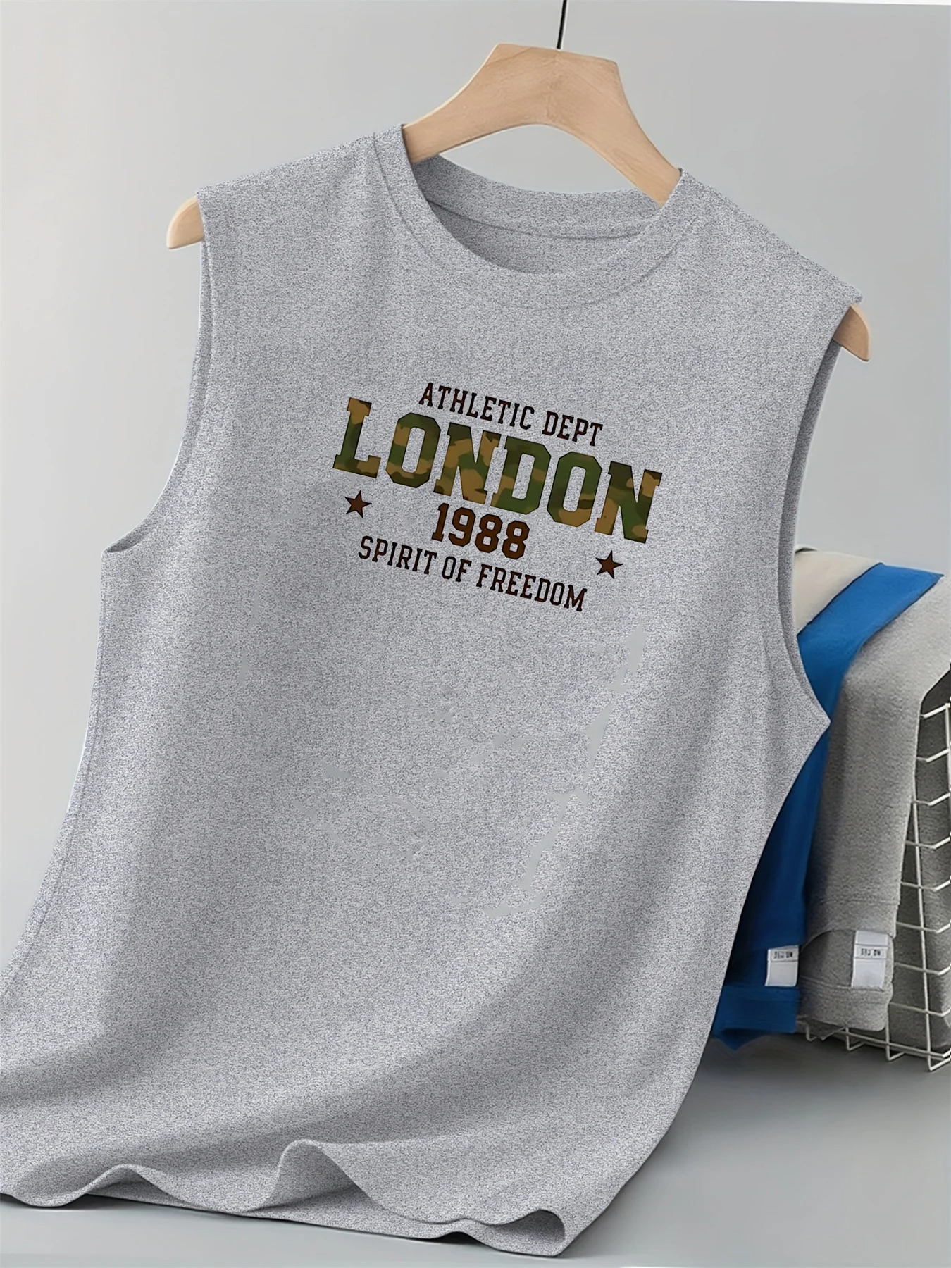 100% pure cotton men's summer fashionable casual sports loose London letter pattern printed round neck sleeveless vest