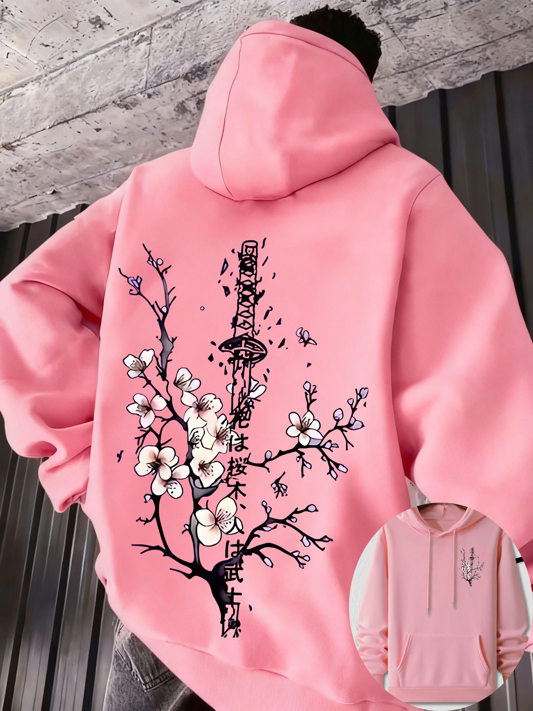 Autumn/Winter Retro Japanese Style Aesthetic Samurai Sword Cherry Blossom Print Men Hooded Sweatshirt Trendy Cool Simple Stylish