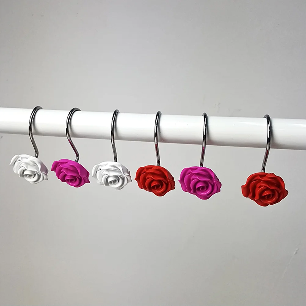 12pcs Shower Curtain Hooks, Home Decorative Rustproof Shower Curtain Hooks Resin Rose Flower Shower Hooks Rings for Bathroom Sho