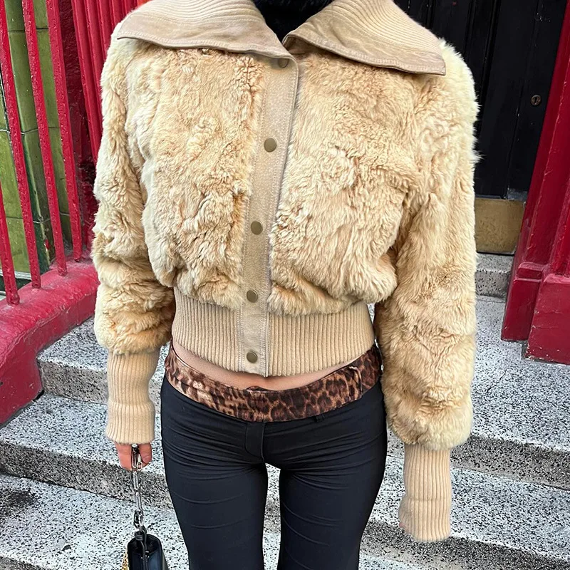 TARUXY Ribbed-Breasted Furry Lapel Short Jacket Coat For Women Cardigan Top Patchwork Slim Warm Outwear Female Autumn Fashion