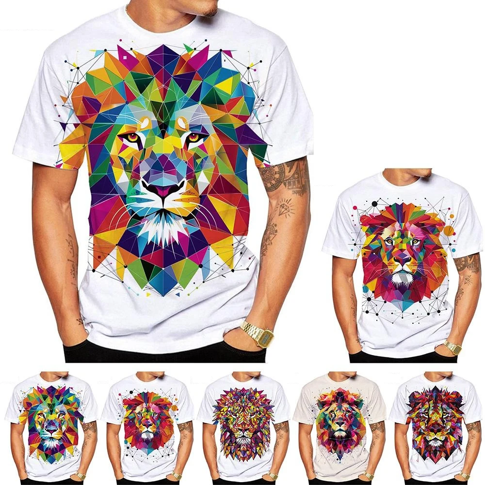 

Camiseta con estampado de León geométrico para hombre y mujer,camisa Unisex con cuello redondo,3D,HD,estilo callejero,