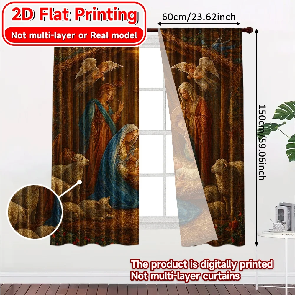 2D Flat Printing,2pcs Nativity Scene Chic Curtains&Window Treatment Polyester Curtains Outdoor Decorations for Bedroom, Kitchen,