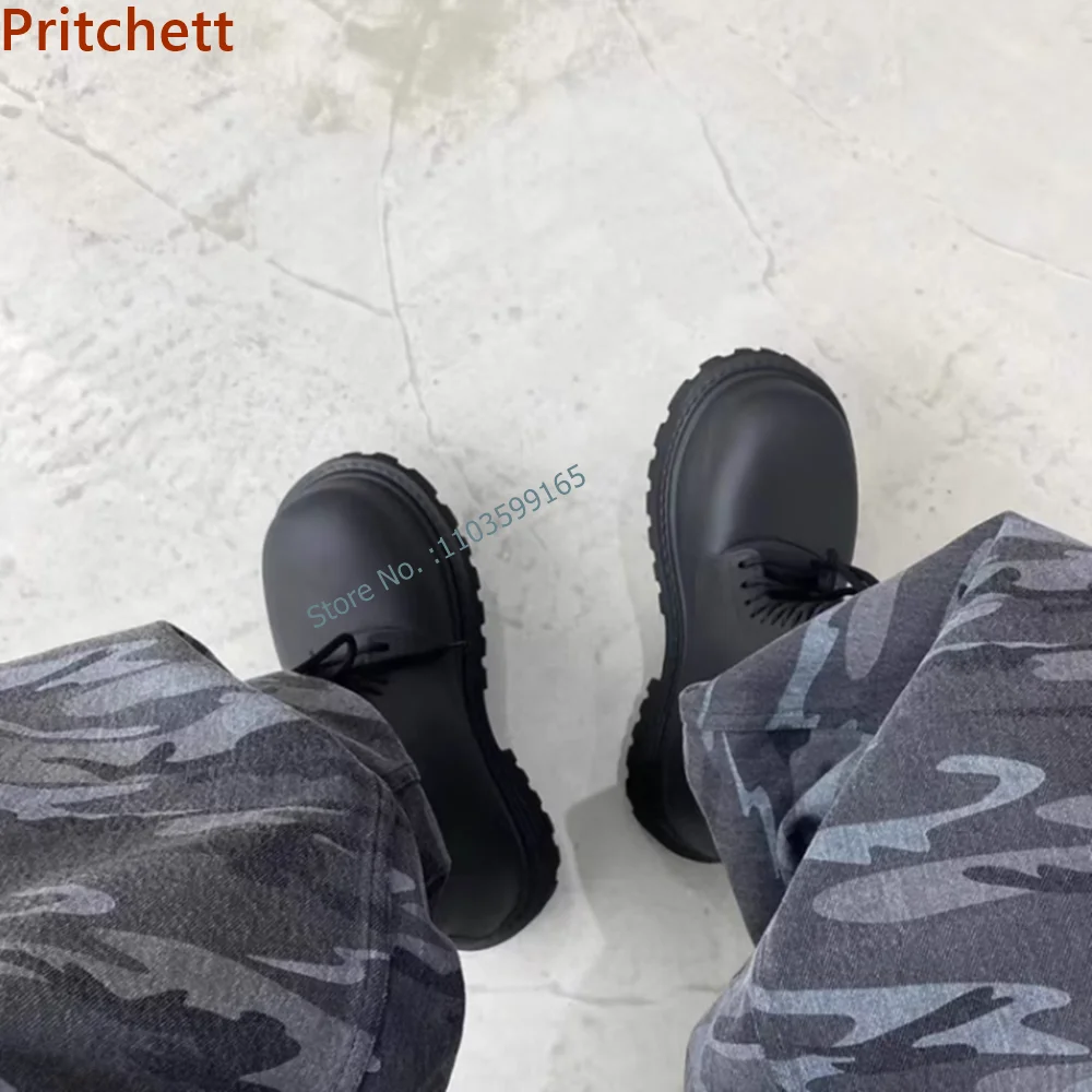 Thick Soled Mid Calf Boots Round Toe Solid Black Platform Cross Lace Up Sewing Leisure Shoes Spring Concise Comfortable Shoes