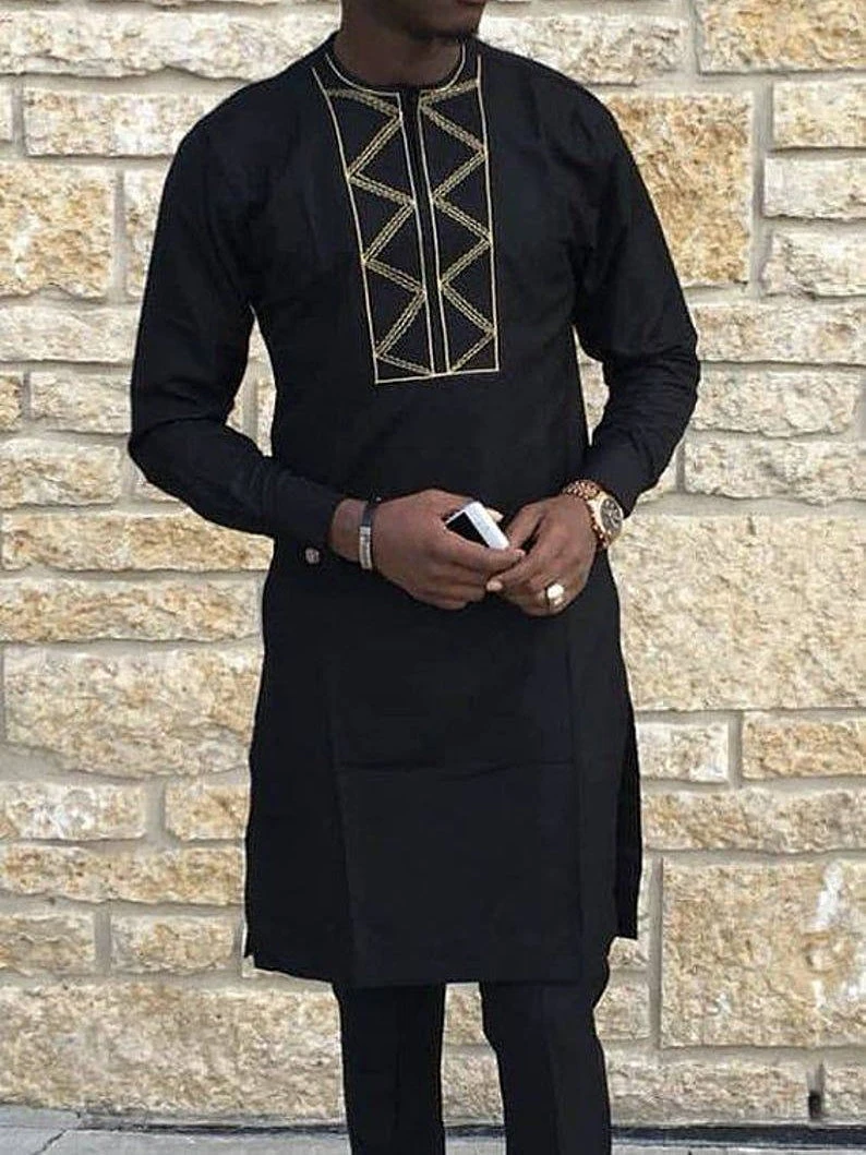 

Men's fashion casual black geometric print long sleeve two-piece set