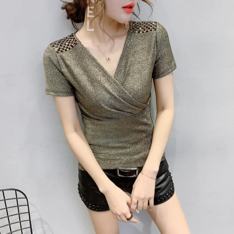 

#5121 Black Red Gold Wrap T Shirt Women V Neck Sexy Basic T Shirt Femme Summer Top Short Sleeve T Shirts Korean Fashion Slim