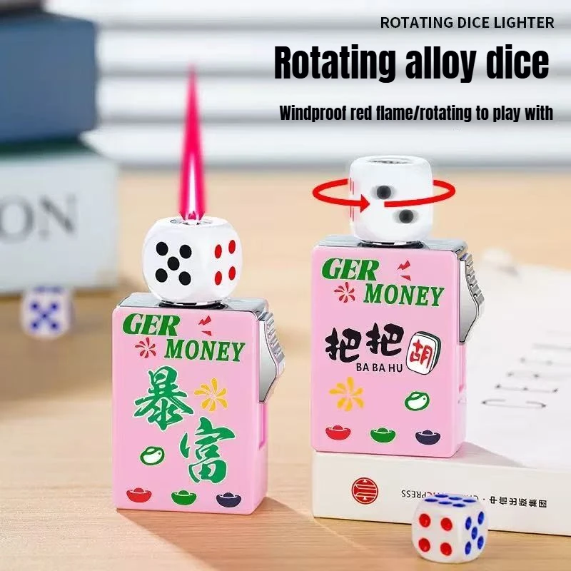 2026 Rotating Dice Mahjong Stereoscopic Design Windproof Red Flame Butane Gas Lighter Pull down Ignition Outdoor Fun Lighters view 5