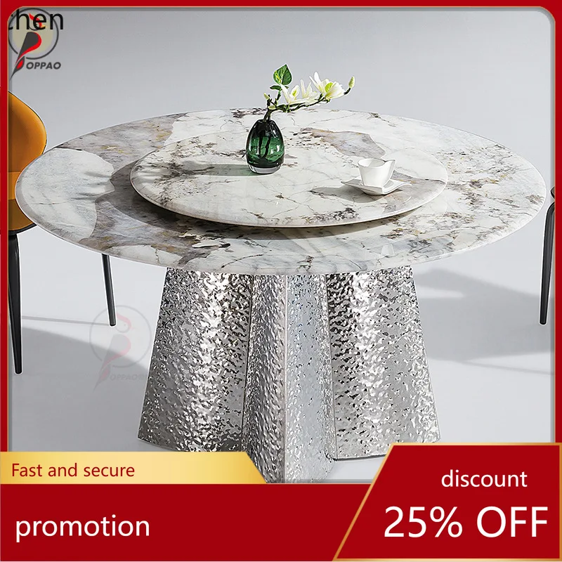 YFY Simple Steel Luxury Stone Round Table Long Table Dining Turntable Rock Plate Steel Wave Home Small Apartment Dining Table