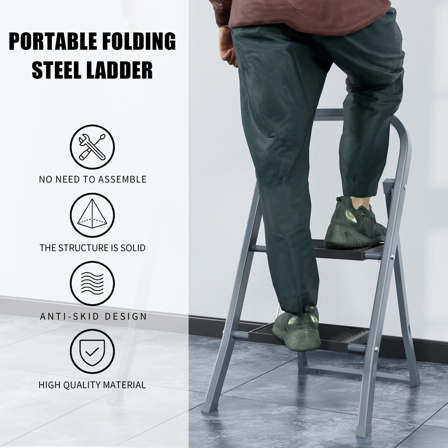 2 Step Ladder, Step Stool for Adults, Folding Step Stool with Wide Anti-Slip Pedal, Sturdy Steel Ladder