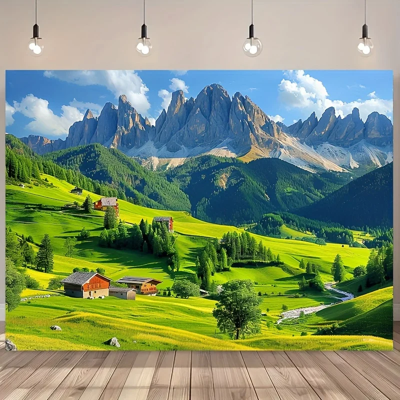 1 pieza de telón de fondo de paisaje alpino suizo: decoración colgante de pasteles verdes similares a la jungla y montañas majestuosas