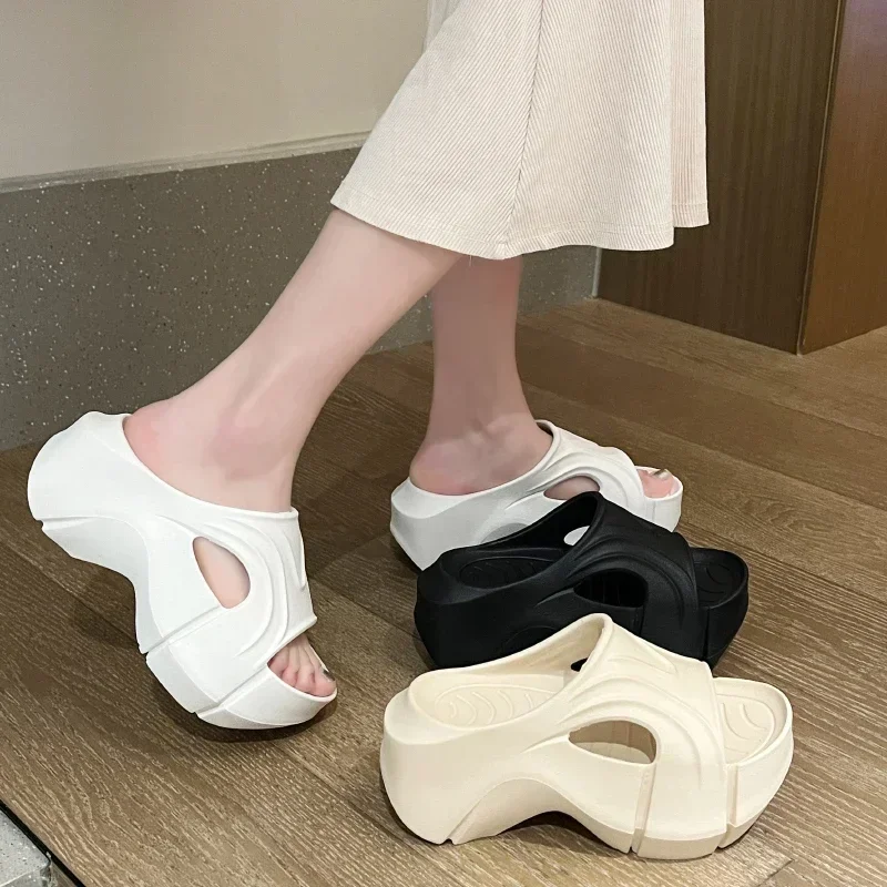 スリッパ女性黒セクシーなプラットフォームチャンキーラウンドパンプス黒スリッパハイヒールの靴女性ヒールつま先スリッパ Zapatos De Mujer