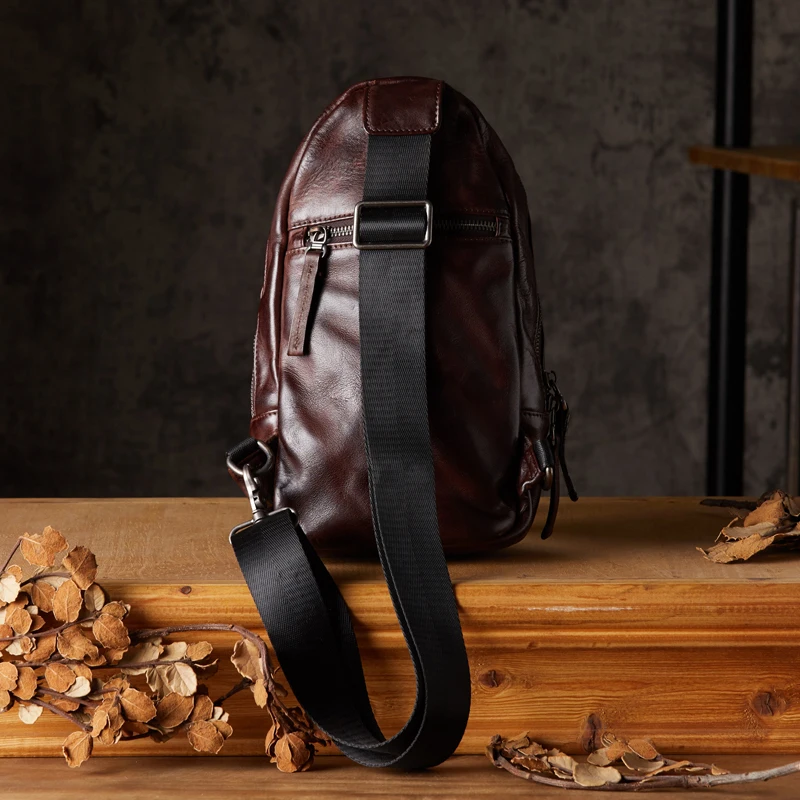 High Quality Handmade Vegetable Tanned Leather Chest Bag Male Sport Cross body Bag Genuine Leather Multi-function Shoulder Bag