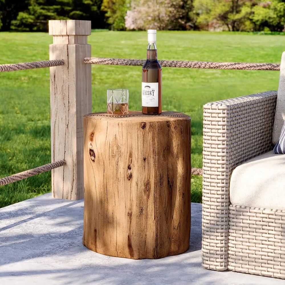

Concrete Outdoor Side Table Set (2 Pieces), Tree Stump-shaped Modern Round Coffee Table Set, Plant Stand/faux Wood Side Table