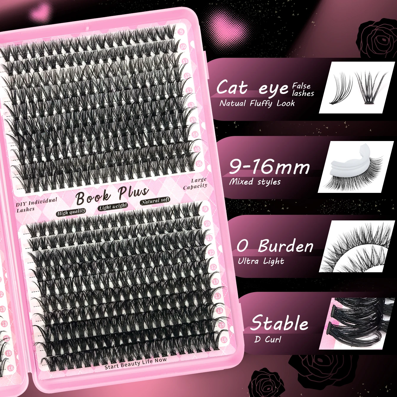 800 قطعة - كتيب رموش عنقودية عالية السعة مع أدوات تطبيق، مثالي للحفلات والمراحل والاحتفالات الاحتفالية الأخرى