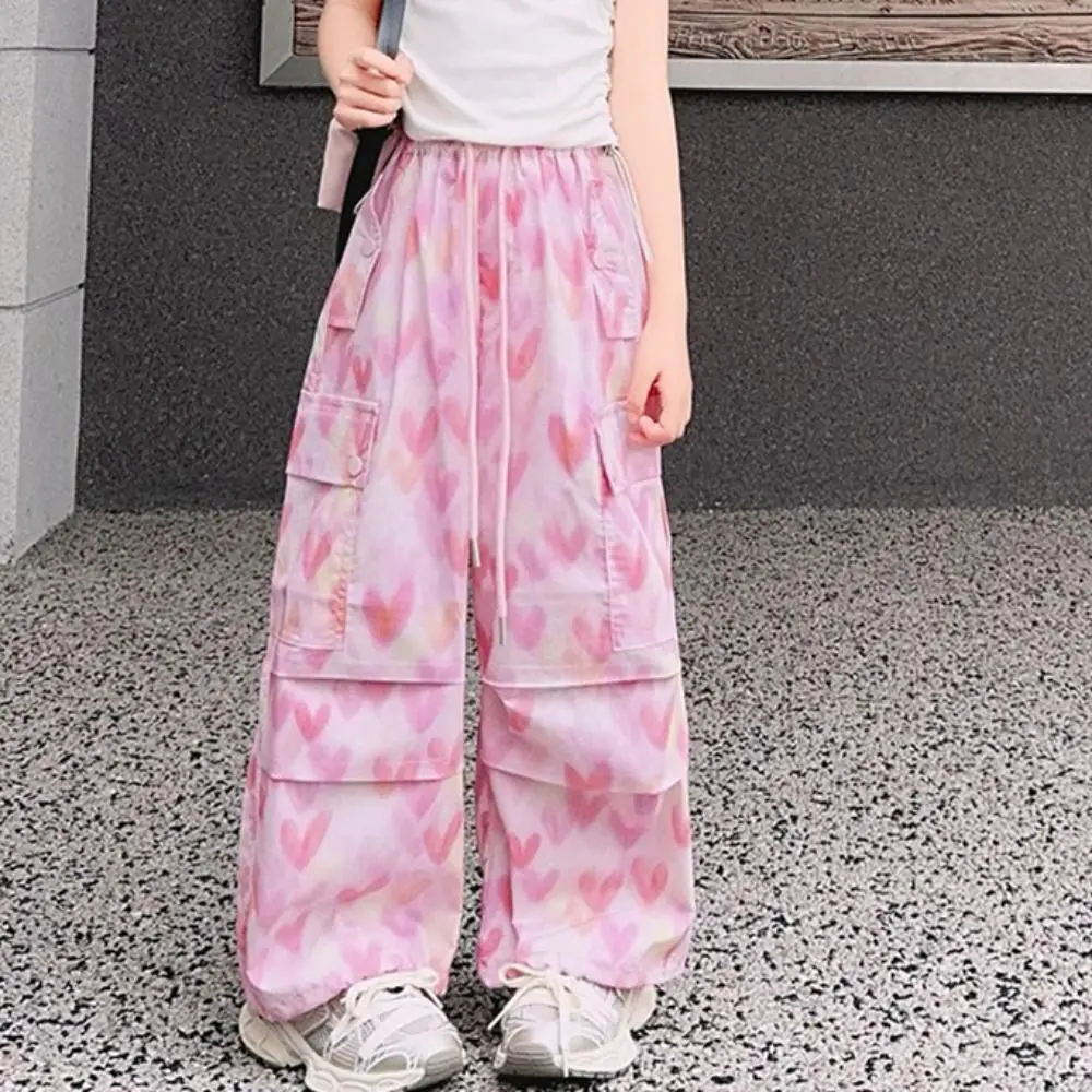 

Multi Pockets Baggy Cargo Pants Joggers Trousers Y2k Wide Leg Pants High Waist Drawstring Heart Printing Pants Girl Students