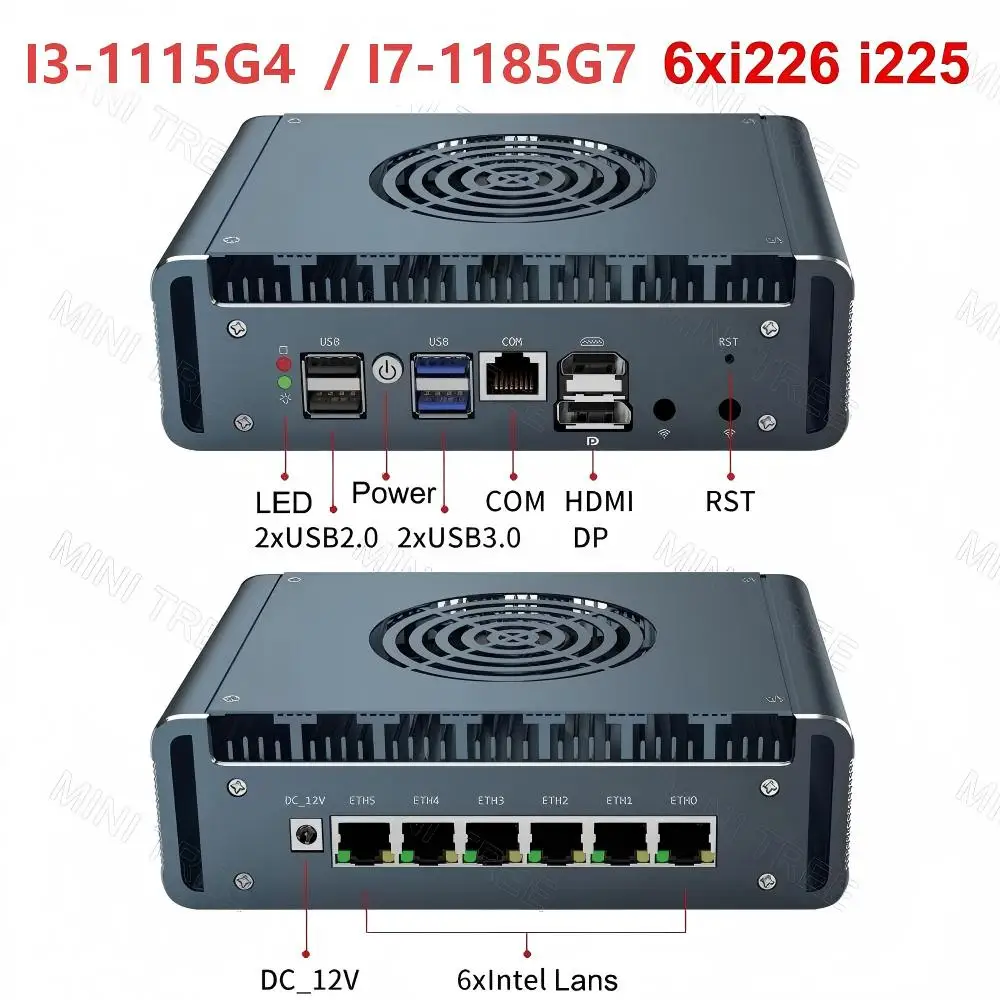 6x 2.5G جهاز جدار الحماية للكمبيوتر الصغير الجيل 11th i7-1185G7/i3-1115G4 /7505U جهاز توجيه ناعم للمكتب المنزلي/PFSense/OPNsense/Virtualization