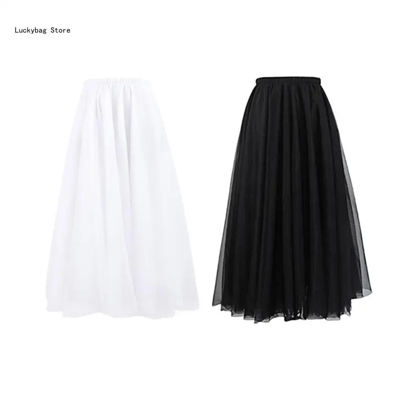 Pull on Elastic Waist Swing Ballet Long Wrap Skirt Layered Mesh Dance Over Scarf