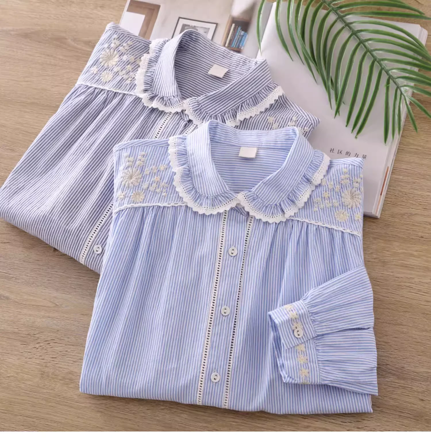 Original Design Blue Striped Embroidered Cotton Shirt Blouse for Women Autumn Long Sleeve Tops Ladies Work Wear OL Shirts