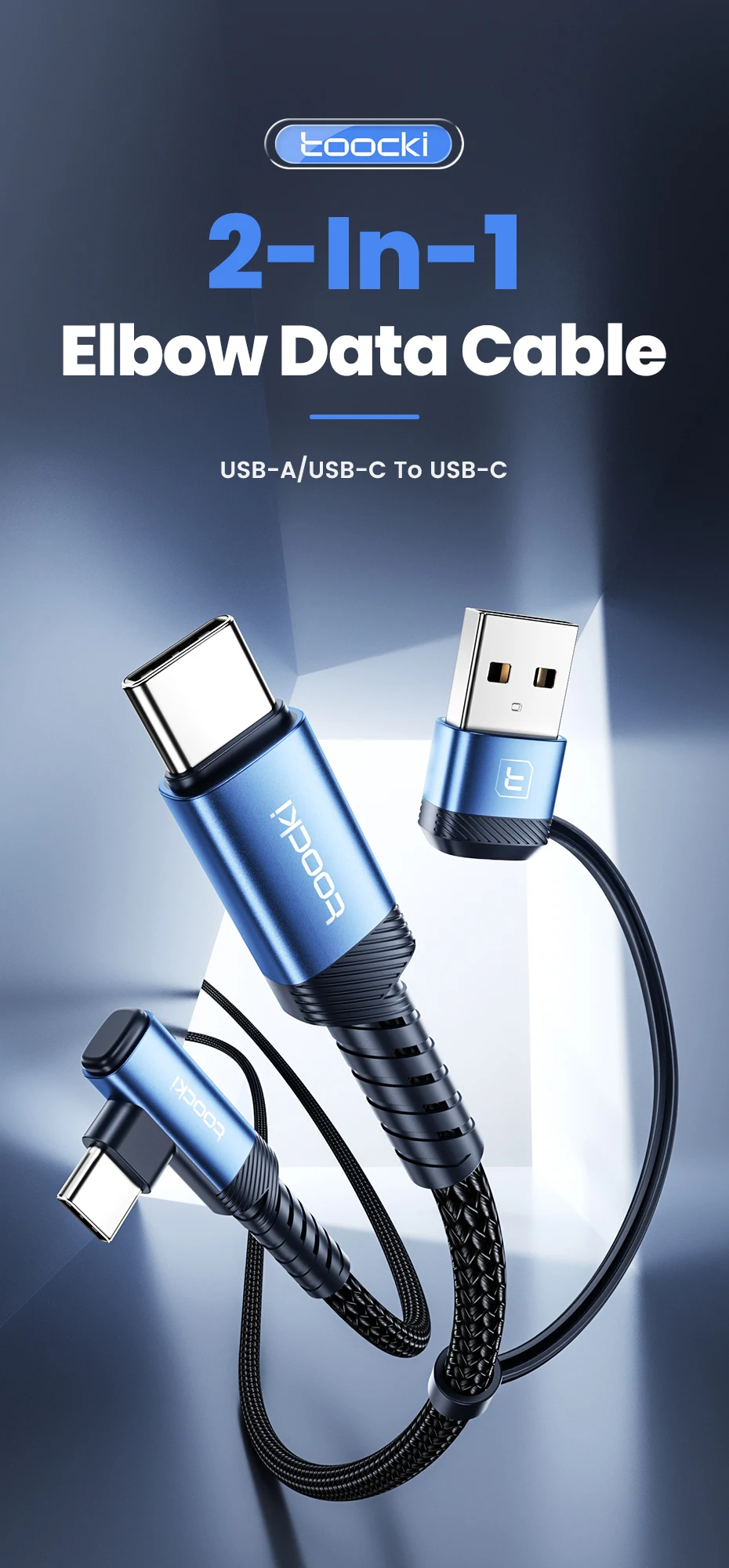 Toocki 2-in-1 Winkel-USB-C-Kabel, 2m PD 60W USB-C zu USB-C 3A Schnellladekabel für iPhone Samsung Xiaomi Huawei Datenkabel – Detail 1