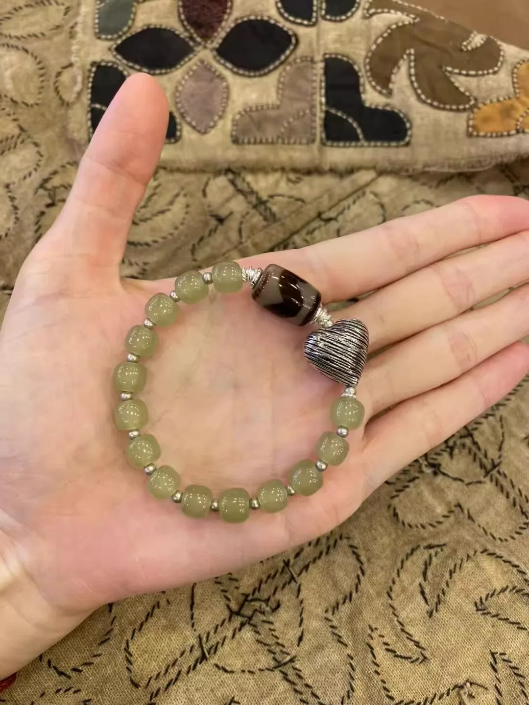 Picture 5: Light Green Chalcedony Dzi Bead Bracelet