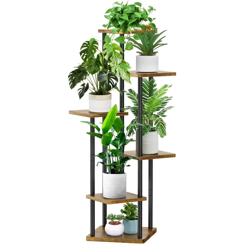 

6 Tier Wood Tall Plant Stand Metal Rack Indoor, Multiple Flower Pot Holder Shelves Corner Rack